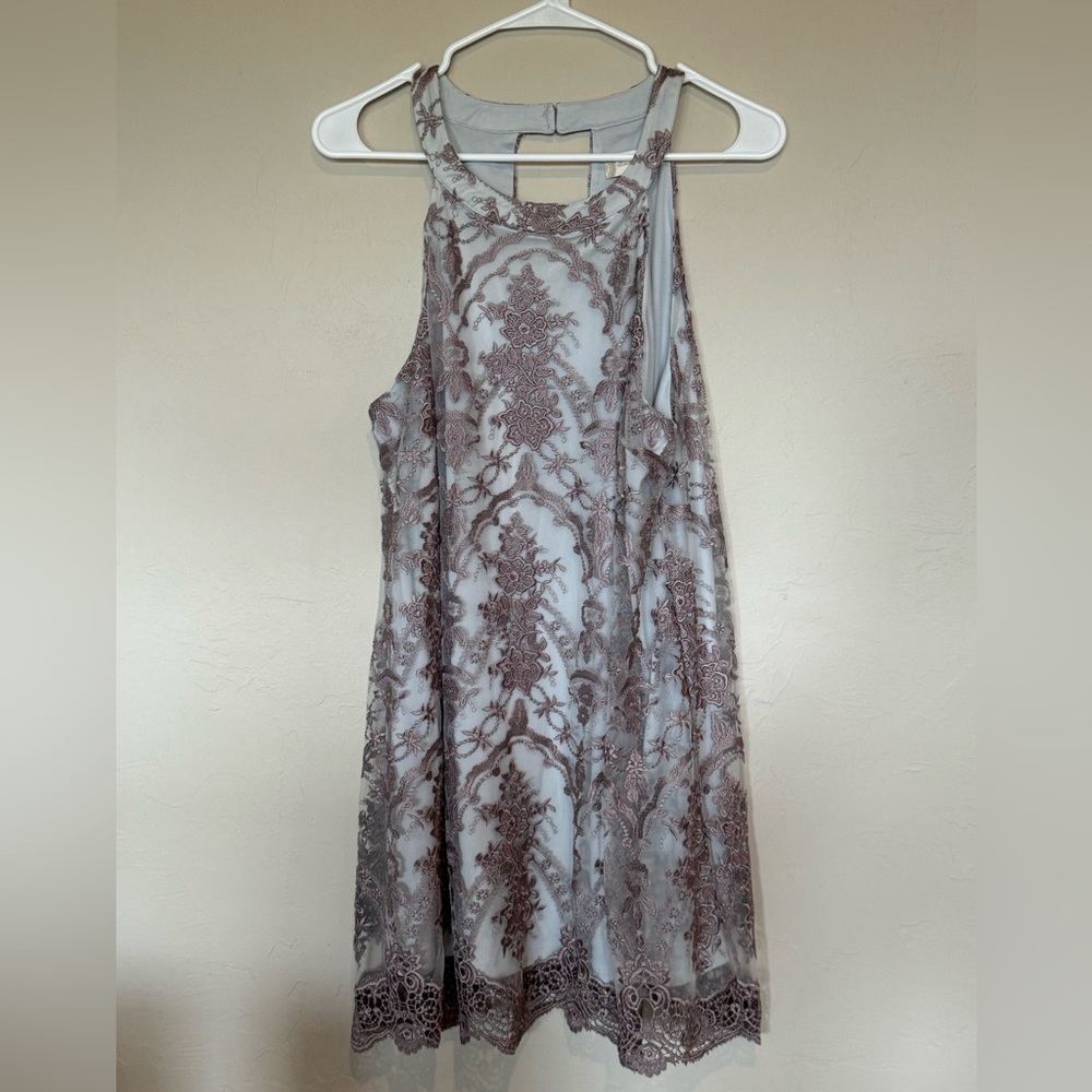 Altar’d State halter blue dress with light purple lace overlay Size M